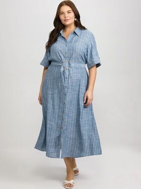 Laura Blue / White Striped Linen-Blend Shirt Dress Plus Size 20 Short sSeeve